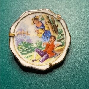 Vintage Limoges France mini porcelain plate dish brooch - with courting couple